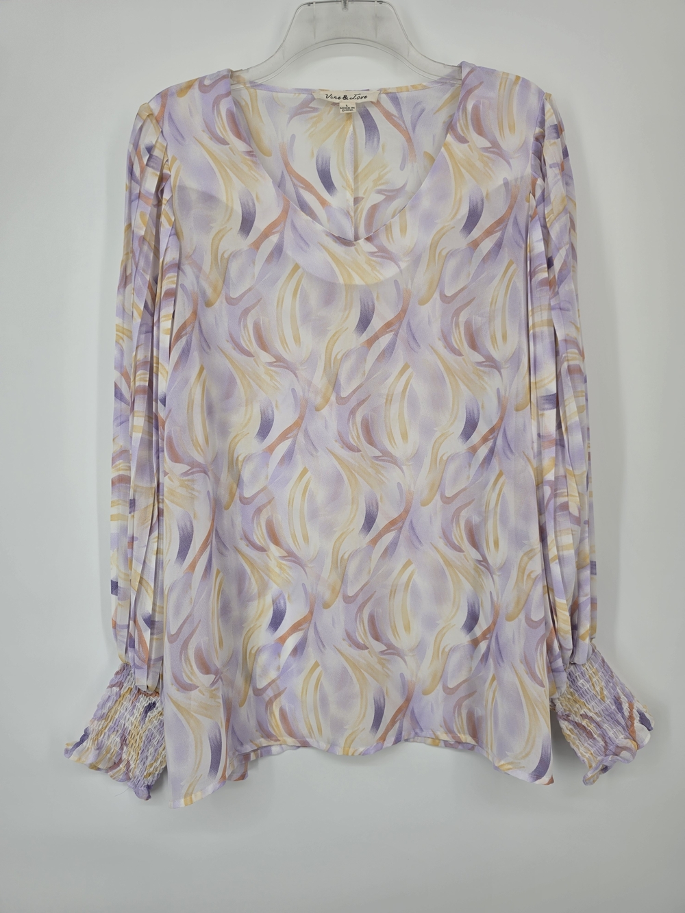 Vine & Love Abstract Sheer Pastel Smocked Sleeve Cottagecor Blouse Women’s Large